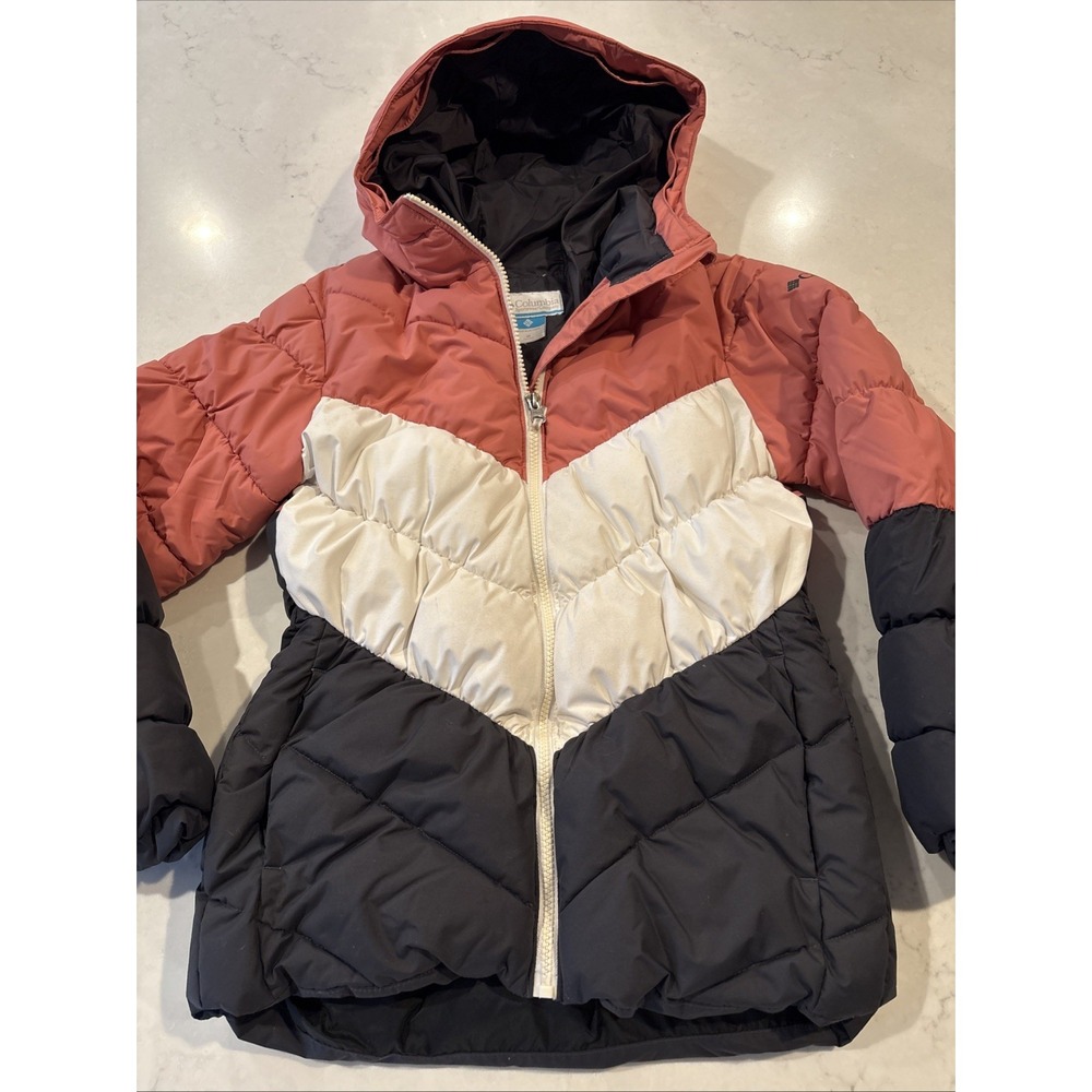 Columbia Jacket Girls Medium 10/12 Black Pink Hooded Puffer Full Zip Coat Warm